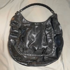 Susan Farber Grey Leather Ruffled Shoulder Bag